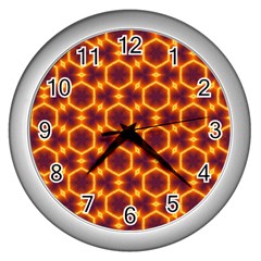 Black And Orange Diamond Pattern Wall Clocks (silver)  by Fractalsandkaleidoscopes