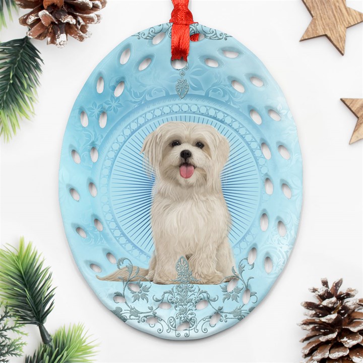 Cute Little Havanese Puppy Oval Filigree Ornament (Two Sides)