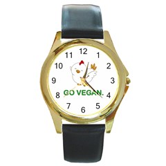 Go Vegan - Cute Chick  Round Gold Metal Watch by Valentinaart