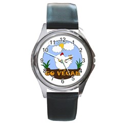 Go Vegan - Cute Chick  Round Metal Watch by Valentinaart