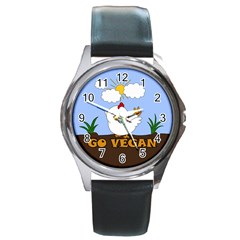 Go Vegan - Cute Chick  Round Metal Watch by Valentinaart