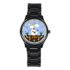 Go Vegan - Cute Chick  Stainless Steel Round Watch by Valentinaart