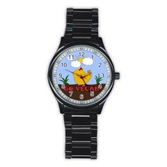 Go Vegan - Cute Chick  Stainless Steel Round Watch by Valentinaart