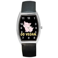 Go Vegan - Cute Pig Barrel Style Metal Watch by Valentinaart