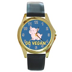 Go Vegan - Cute Pig Round Gold Metal Watch by Valentinaart