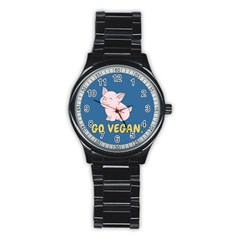 Go Vegan - Cute Pig Stainless Steel Round Watch by Valentinaart