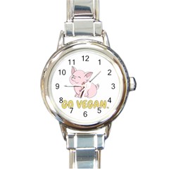 Go Vegan - Cute Pig Round Italian Charm Watch by Valentinaart