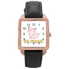 Go Vegan - Cute Pig Rose Gold Leather Watch  by Valentinaart