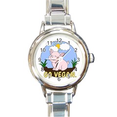 Go Vegan - Cute Pig Round Italian Charm Watch by Valentinaart