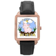 Go Vegan - Cute Pig Rose Gold Leather Watch  by Valentinaart