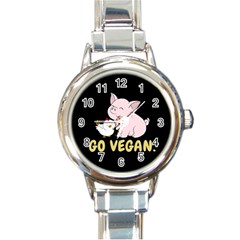 Go Vegan - Cute Pig And Chicken Round Italian Charm Watch by Valentinaart