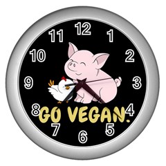 Go Vegan - Cute Pig And Chicken Wall Clocks (silver) 