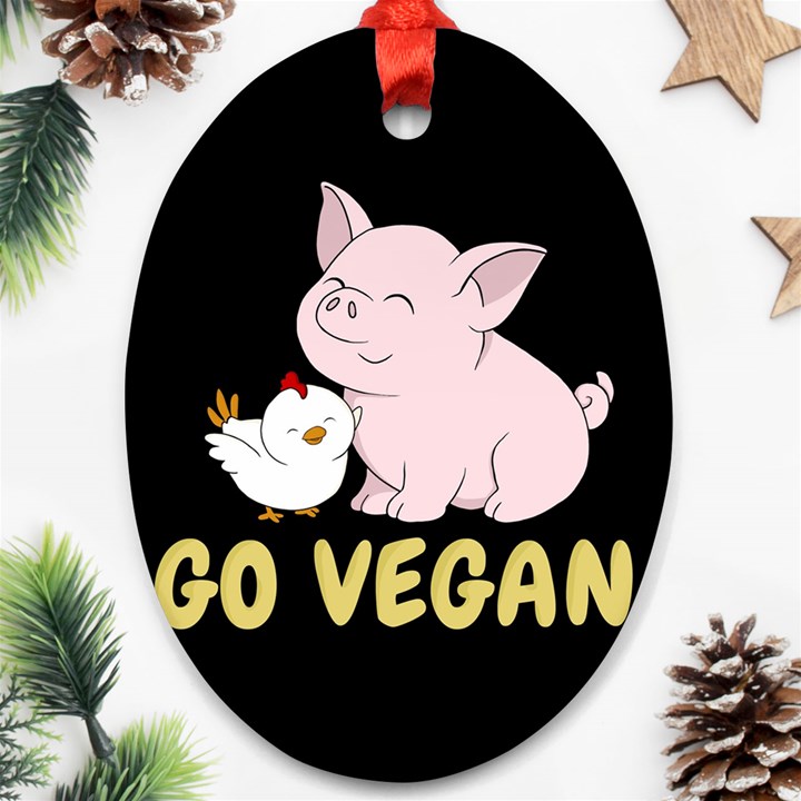 Go Vegan - Cute Pig and Chicken Oval Ornament (Two Sides)