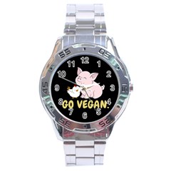 Go Vegan - Cute Pig And Chicken Stainless Steel Analogue Watch by Valentinaart