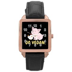 Go Vegan - Cute Pig And Chicken Rose Gold Leather Watch  by Valentinaart