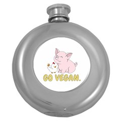 Go Vegan - Cute Pig And Chicken Round Hip Flask (5 Oz) by Valentinaart