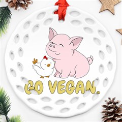 Go Vegan - Cute Pig And Chicken Round Filigree Ornament (two Sides) by Valentinaart