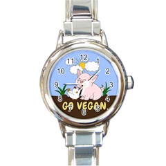 Go Vegan - Cute Pig And Chicken Round Italian Charm Watch by Valentinaart