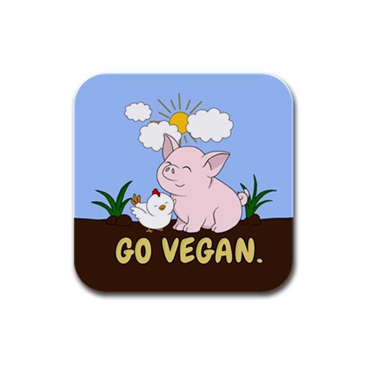 Go Vegan - Cute Pig and Chicken Rubber Square Coaster (4 pack) 