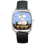 Go Vegan - Cute Pig and Chicken Square Metal Watch Front