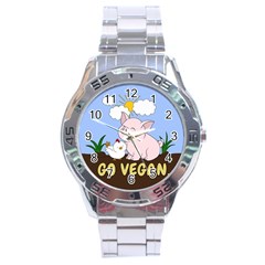 Go Vegan - Cute Pig And Chicken Stainless Steel Analogue Watch by Valentinaart