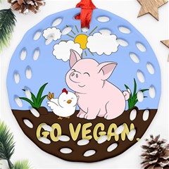 Go Vegan - Cute Pig And Chicken Ornament (round Filigree) by Valentinaart