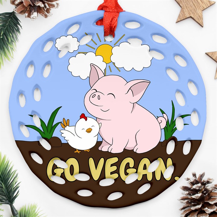 Go Vegan - Cute Pig and Chicken Ornament (Round Filigree)