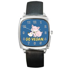 Go Vegan - Cute Pig And Chicken Square Metal Watch by Valentinaart