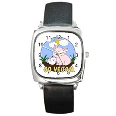 Go Vegan - Cute Pig And Chicken Square Metal Watch by Valentinaart