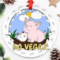 Go Vegan - Cute Pig And Chicken Round Filigree Ornament (two Sides) by Valentinaart