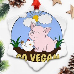 Go Vegan - Cute Pig And Chicken Snowflake Ornament (two Sides) by Valentinaart