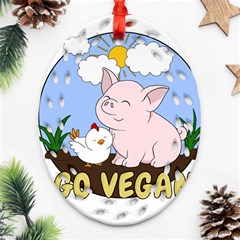 Go Vegan - Cute Pig And Chicken Oval Filigree Ornament (two Sides) by Valentinaart