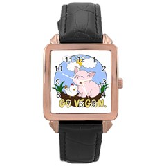 Go Vegan - Cute Pig And Chicken Rose Gold Leather Watch  by Valentinaart