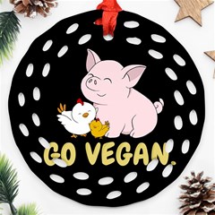 Go Vegan - Cute Pig And Chicken Round Filigree Ornament (two Sides) by Valentinaart