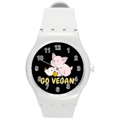 Go Vegan - Cute Pig And Chicken Round Plastic Sport Watch (m) by Valentinaart