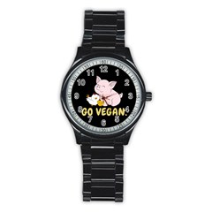 Go Vegan - Cute Pig And Chicken Stainless Steel Round Watch by Valentinaart