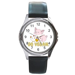 Go Vegan - Cute Pig And Chicken Round Metal Watch by Valentinaart