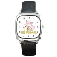 Go Vegan - Cute Pig And Chicken Square Metal Watch by Valentinaart