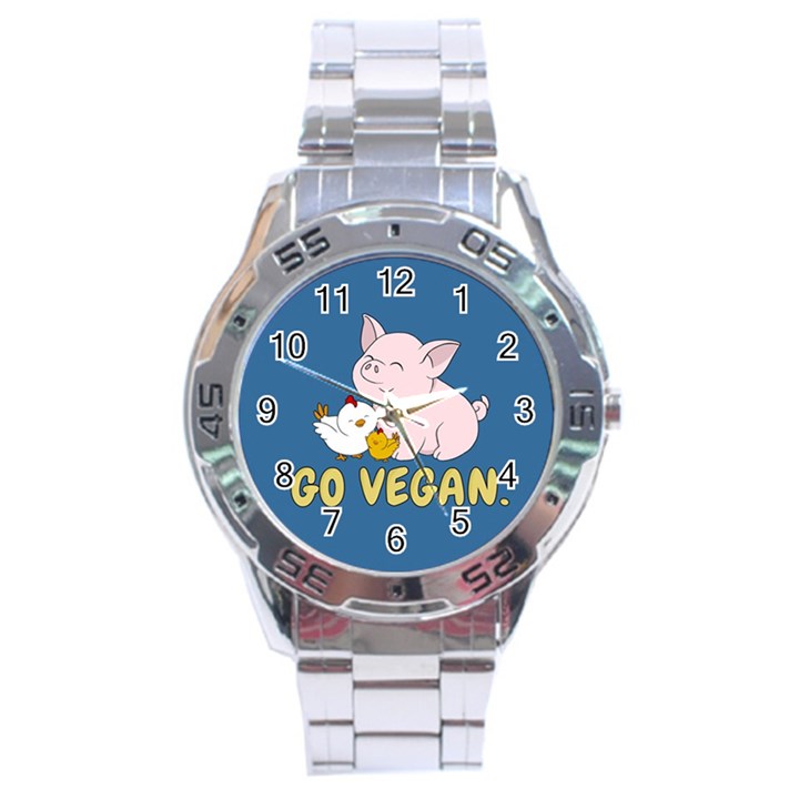 Go Vegan - Cute Pig and Chicken Stainless Steel Analogue Watch