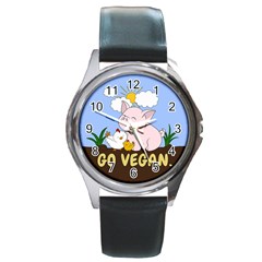 Go Vegan - Cute Pig And Chicken Round Metal Watch by Valentinaart