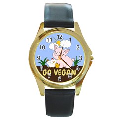 Go Vegan - Cute Pig And Chicken Round Gold Metal Watch