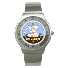 Go Vegan - Cute Pig And Chicken Stainless Steel Watch by Valentinaart