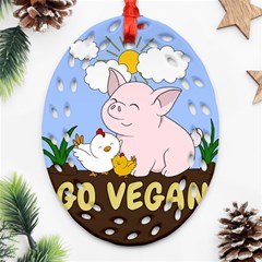 Go Vegan - Cute Pig And Chicken Oval Filigree Ornament (two Sides) by Valentinaart