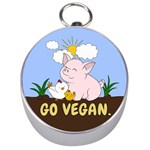 Go Vegan - Cute Pig and Chicken Silver Compasses Front