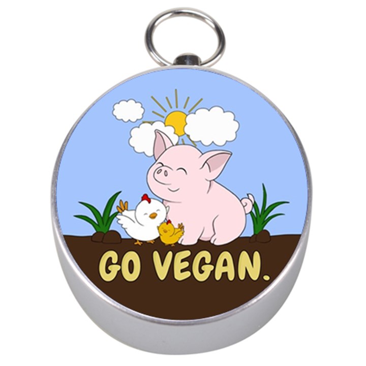 Go Vegan - Cute Pig and Chicken Silver Compasses