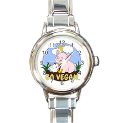 Go Vegan - Cute Pig And Chicken Round Italian Charm Watch by Valentinaart