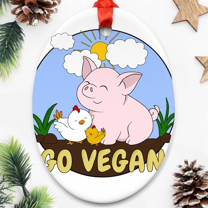 Go Vegan - Cute Pig and Chicken Ornament (Oval)