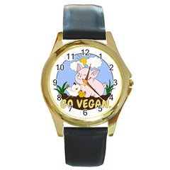 Go Vegan - Cute Pig And Chicken Round Gold Metal Watch by Valentinaart