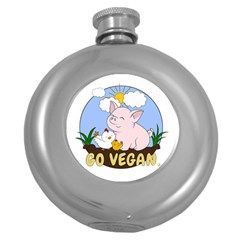 Go Vegan - Cute Pig And Chicken Round Hip Flask (5 Oz) by Valentinaart