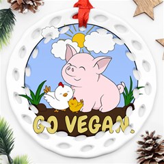 Go Vegan - Cute Pig And Chicken Ornament (round Filigree) by Valentinaart